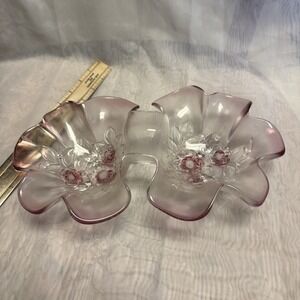 Vintage Mikasa Rosella Pink Glass Double Candy Dish Flowers Frosted Bowl
